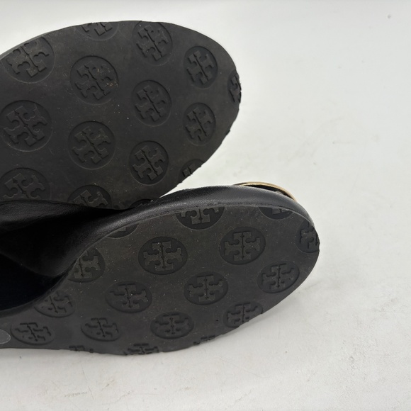 Tory Burch Sophie Wedges Black Leather Gold Tone Logo Emblem Heels 6.5 - Picture 8 of 12